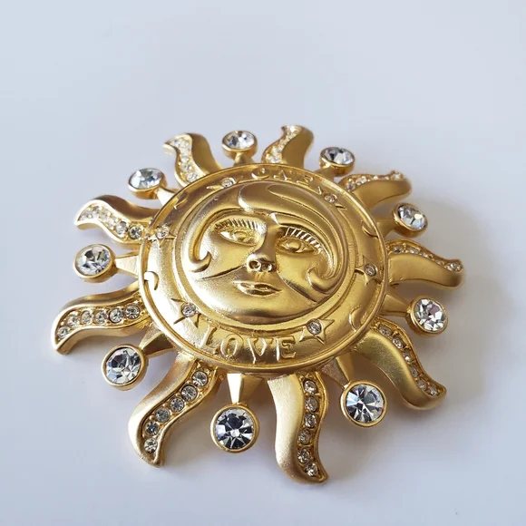 KIRK'S FOLLY "One Love" convertible brooch/ pendant goldtone sun face - Picture 2 of 8